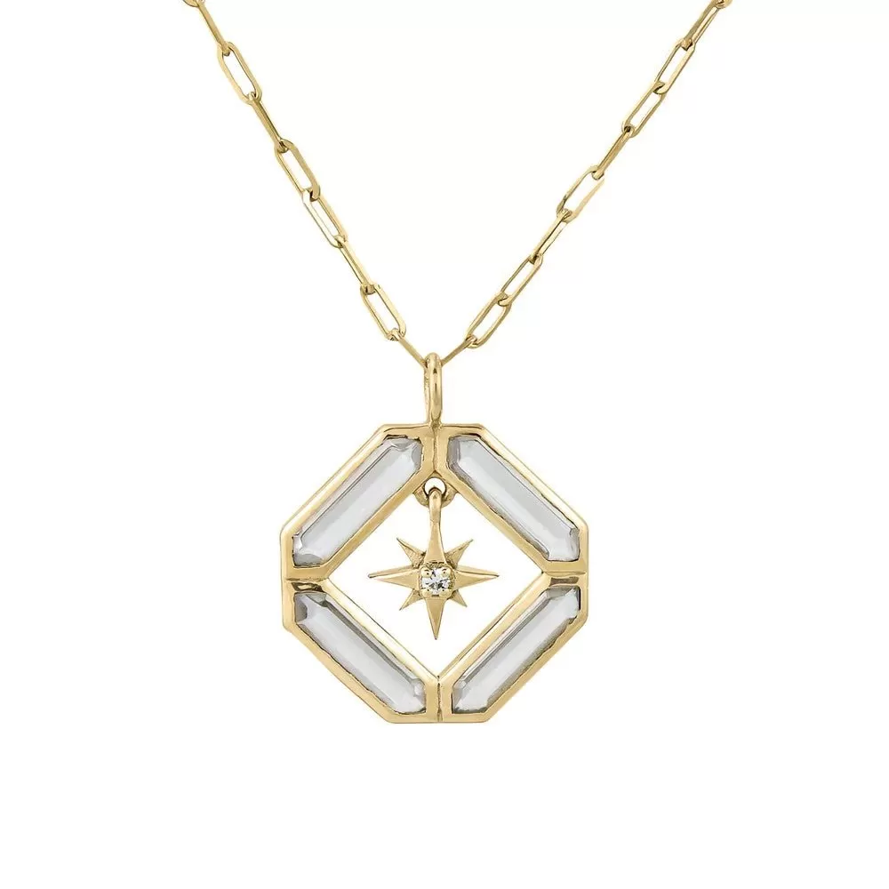 14K Gold Astra Journey Square Quartz Necklace with Diamond Star Center