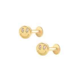 14K Gold Plated CZ Diamond Smiley Face Flat Back Earrings