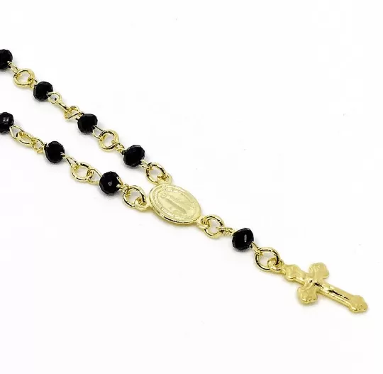 18k Gold Filled Fashion Rosary Black Crystals Necklace