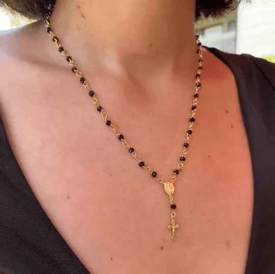 18k Gold Filled Fashion Rosary Black Crystals Necklace