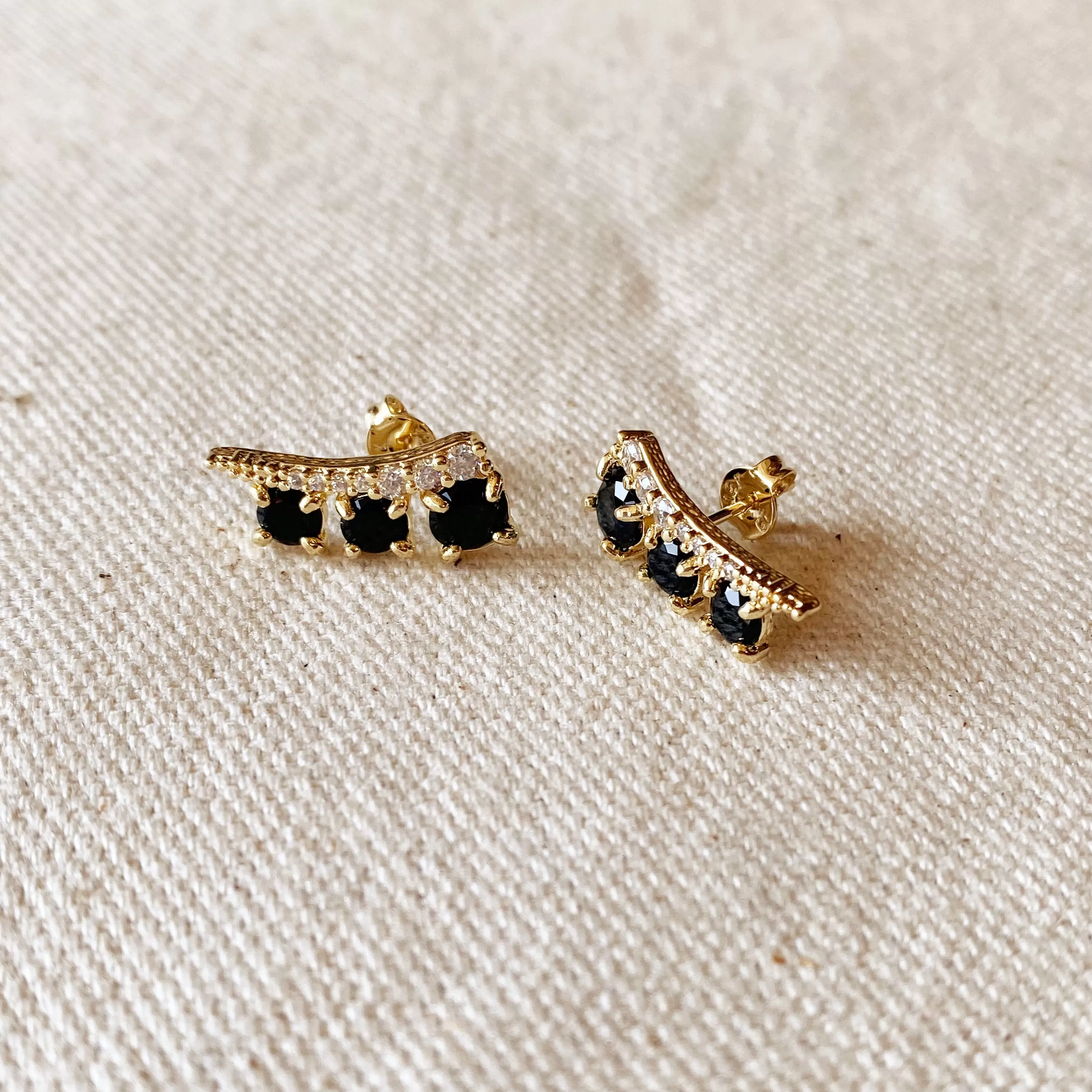 18k Gold Filled Triple Stone Black Ear Climber Earrings