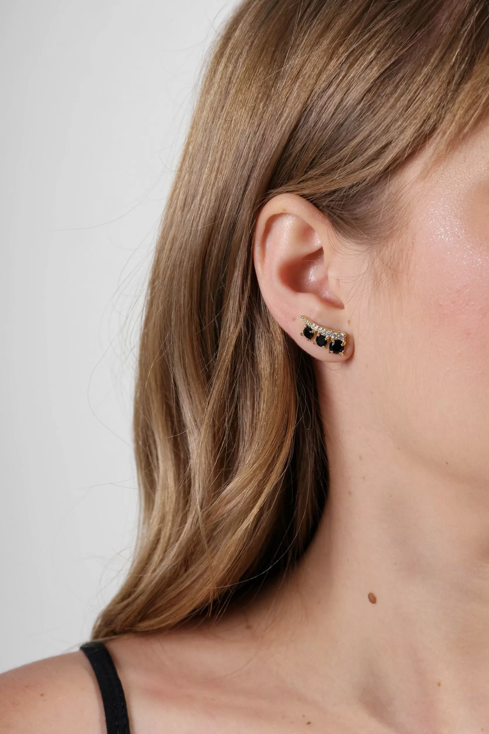 18k Gold Filled Triple Stone Black Ear Climber Earrings