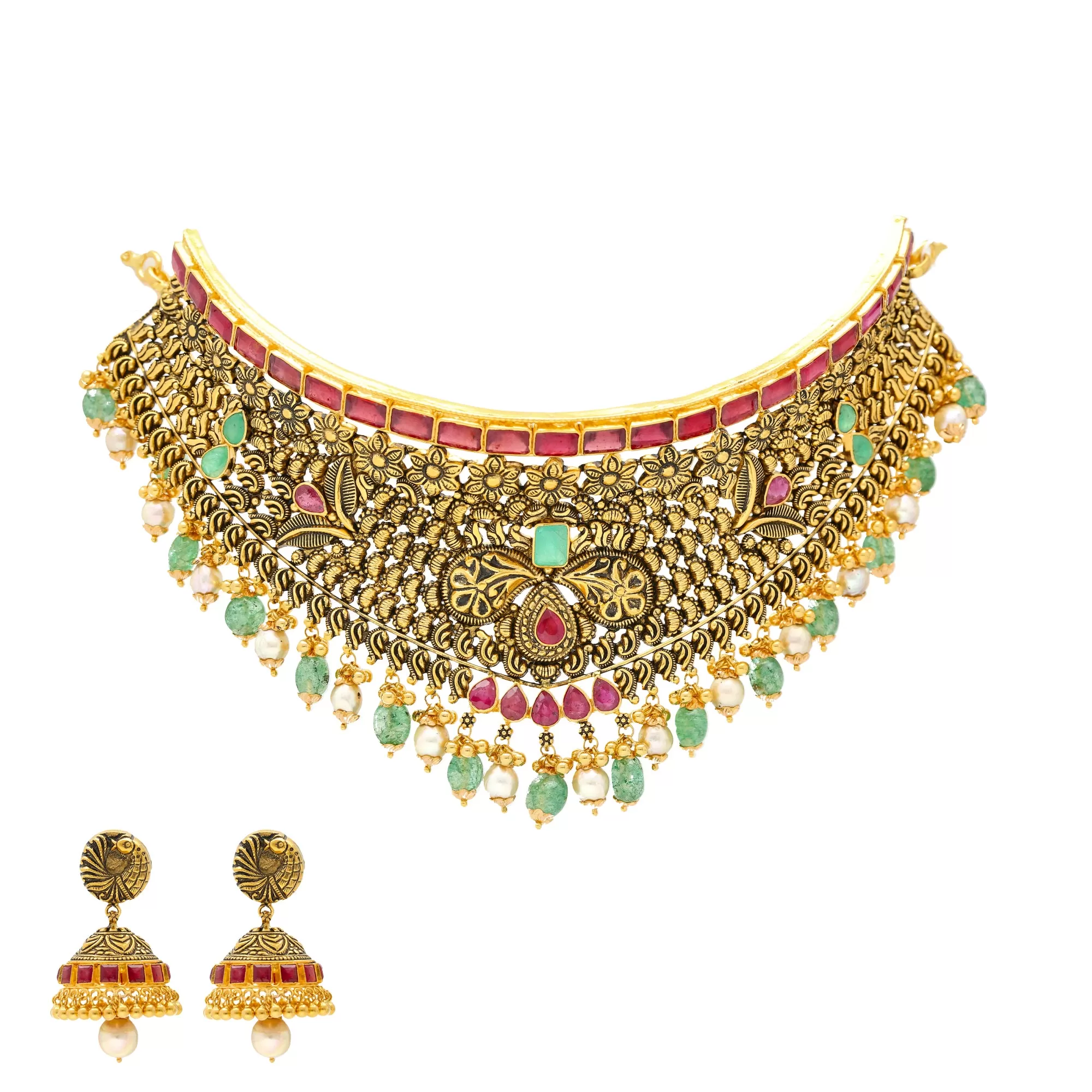 22K Antique Gold Choker Set with Gemstones & Pearls (87.1 grams)