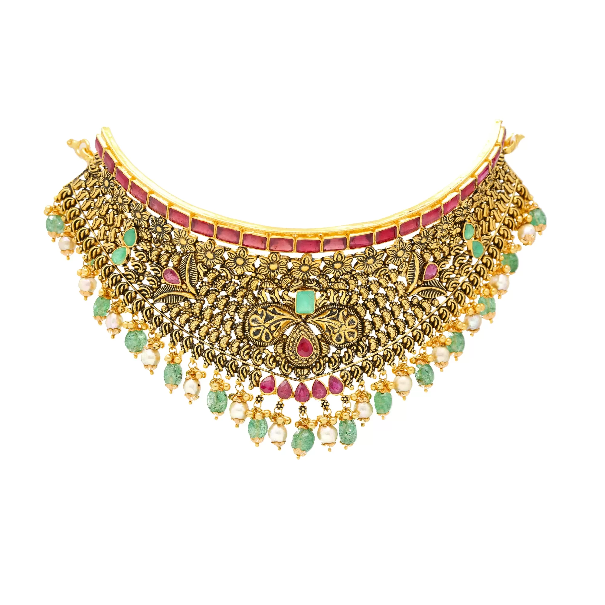 22K Antique Gold Choker Set with Gemstones & Pearls (87.1 grams)