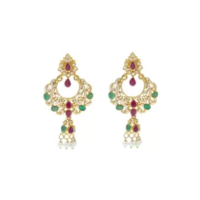 22K Yellow Gold Hoop Earrings W/Rubies,Emeralds,CZ and pearls with Dreamcatcher Design