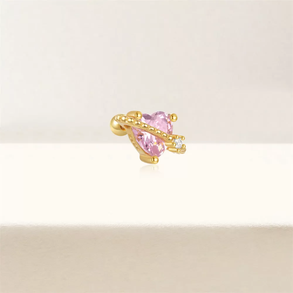 925 Silver Pink Heart CZ Diamond Ball Back Earrings