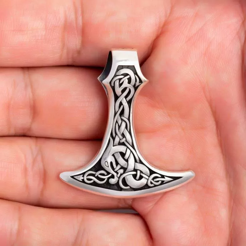 925 Sterling Silver Axe Head With Jormungand and Celtic Scrolls