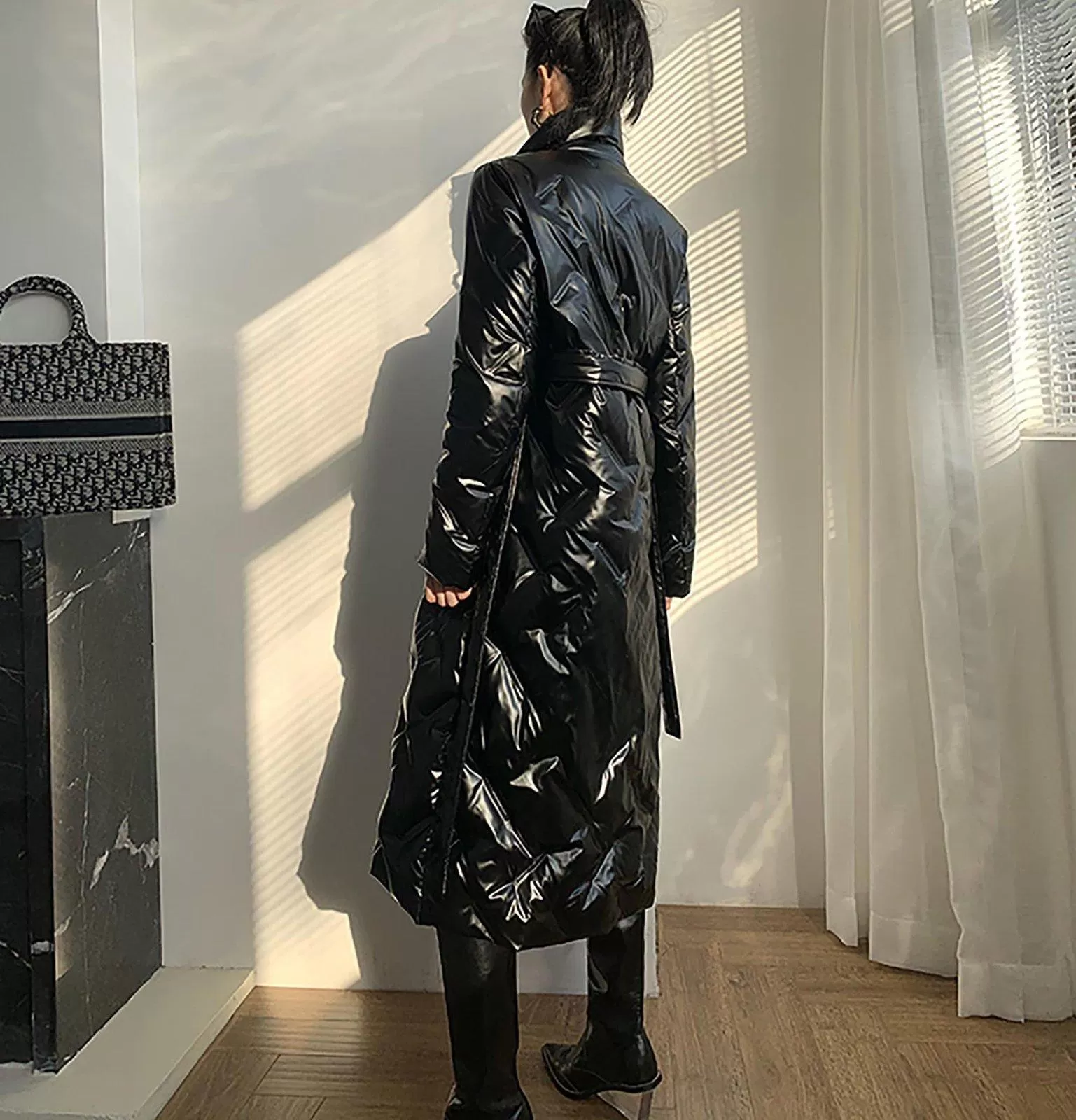 Ashley Glossy Belted Wrap Down Puffer Longline Coat