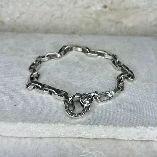 BL12 - Sterling Silver Link Bracelet w Pave Diamond Clasp