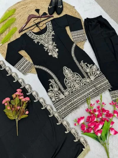 Black Chinon Silk Embroidered Coding Sequence Salwar Suit Set