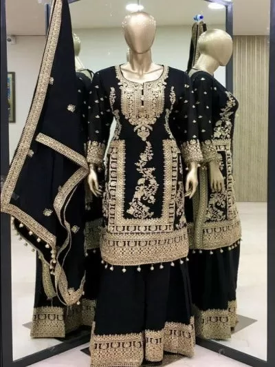 Black Chinon Silk Embroidered Palazzo Suit Set