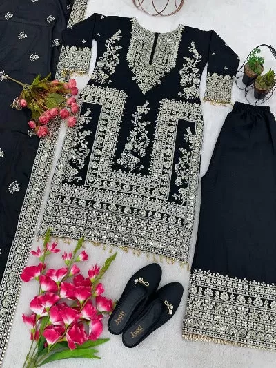 Black Chinon Silk Embroidered Palazzo Suit Set