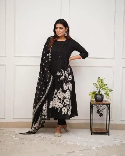 Black Cotton Self Print Salwar Suit Set