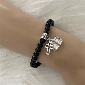 Black Onyx and Silver Cross and Bible Charm Beaded Bracelet