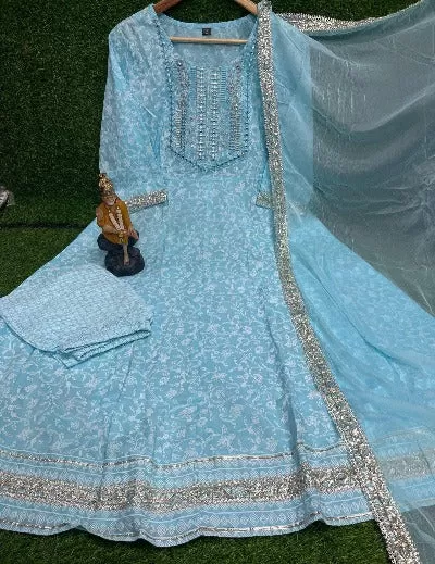 Blue Cotton Embroidered Salwar Suit Set