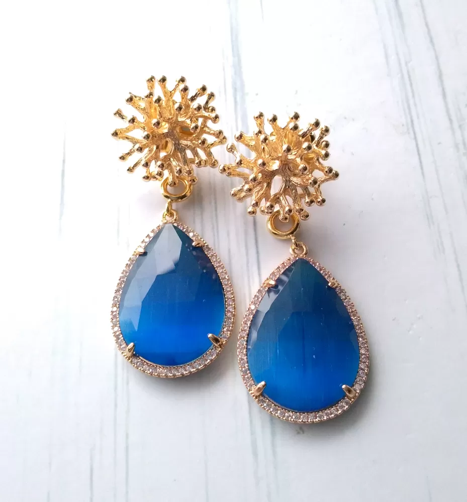 Branch Coral Brass Stud with Haloed Cobalt Blue Quartz Earrings