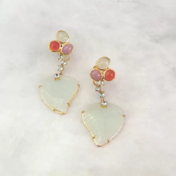 Carnelian, Kunzite & Prehnite Stud with Blue Topaz & White Jade Twinset Earrings