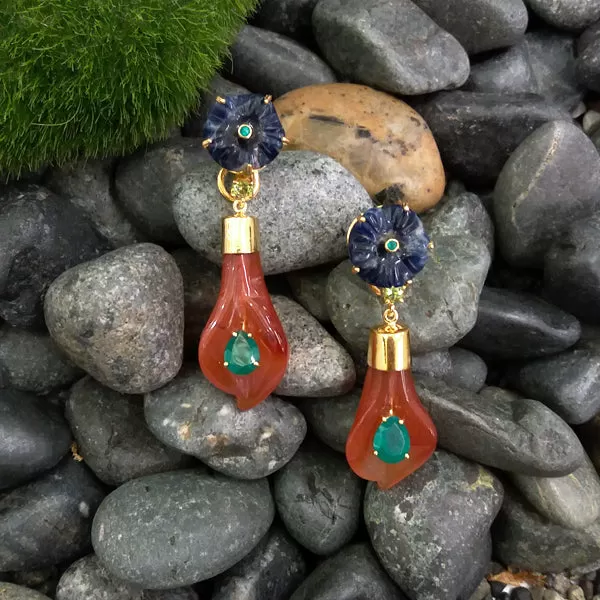 Carved Flower Lapiz Lazuli & Green Agate stud with Peridot, Carved Lily Carnelian & Green Agate Twinset Earrings