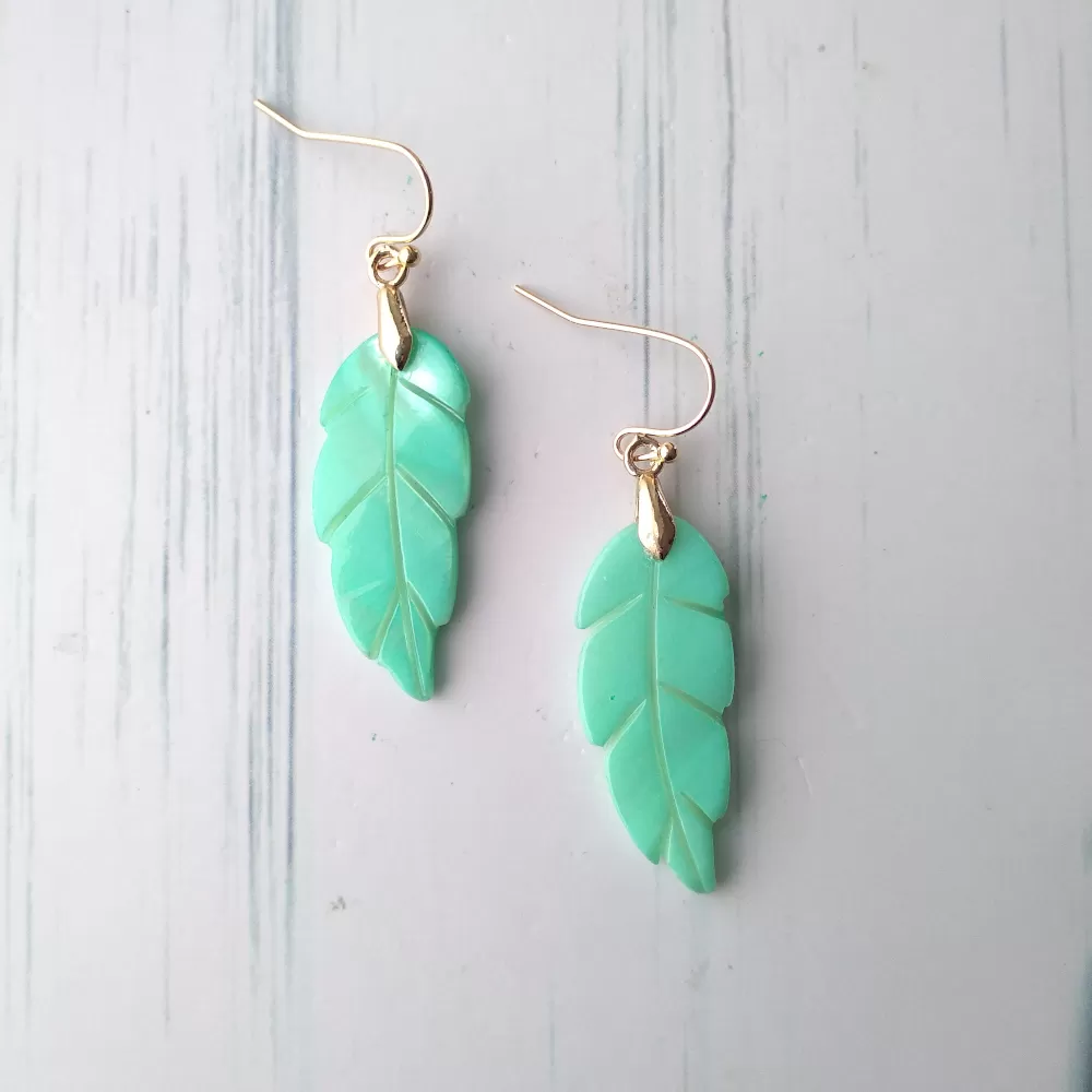 Carved Leaf Mother of Pearl Single Gem Drop Hook Earrings