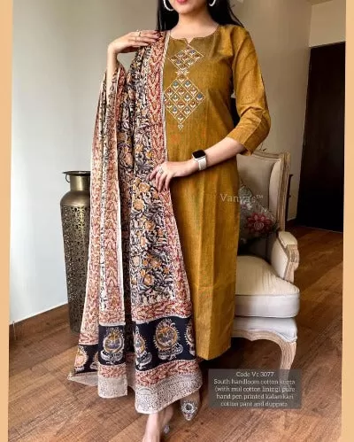 Copper Kalamkari Print Handloom South Cotton Salwar Suit Set