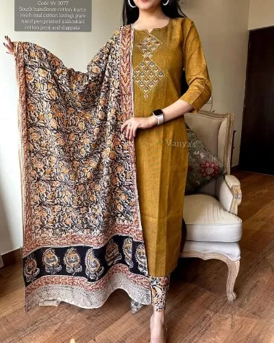 Copper Kalamkari Print Handloom South Cotton Salwar Suit Set