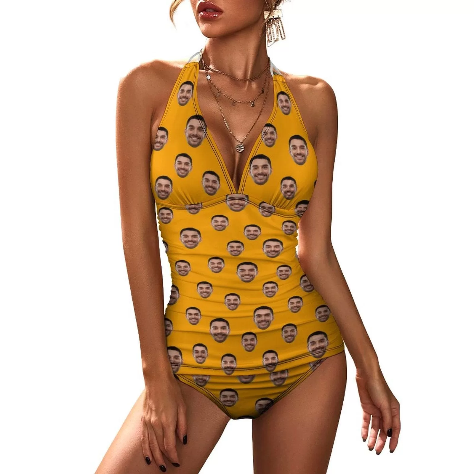 Custom Face Multicolour Print Bathing Suit Personalized Womens Tankini Sets Bikini Two Piece Swimsuit