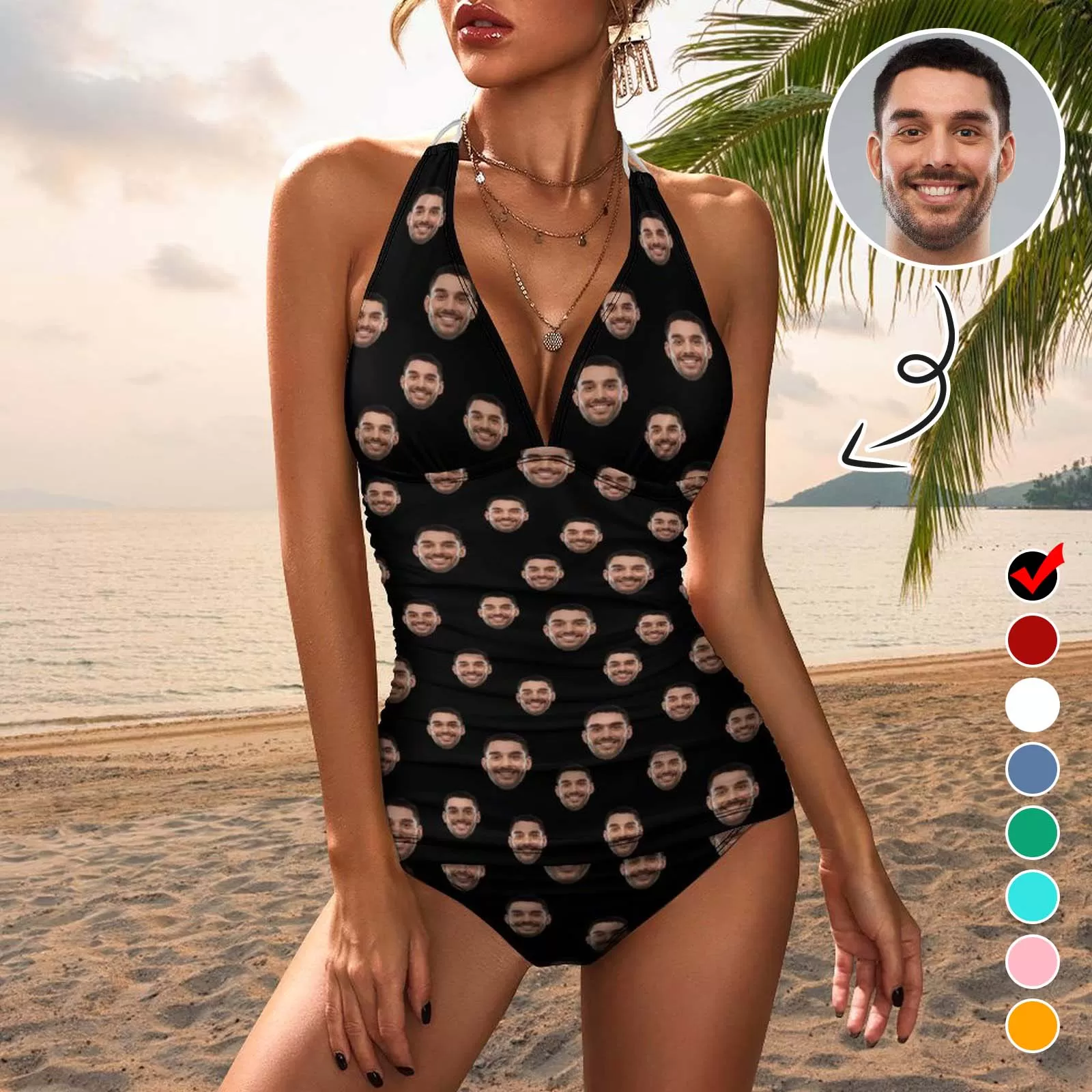 Custom Face Multicolour Print Bathing Suit Personalized Womens Tankini Sets Bikini Two Piece Swimsuit