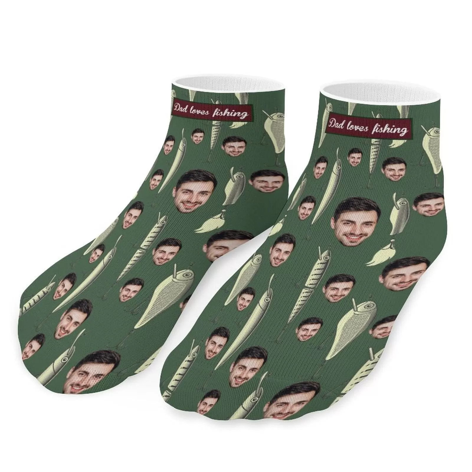 Father's Day-Custom Photo Green Socks Low Cut Ankle Socks Dad Loves Fishing