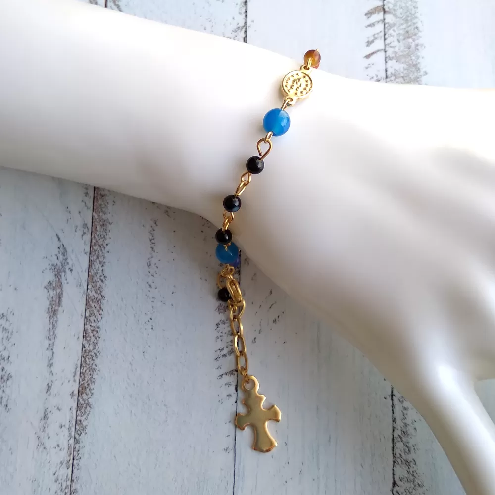 Gemstone Rosary Bracelet with Metal Cross