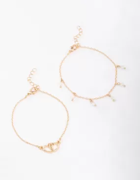 Gold Diamante Bead Link Heart Bracelet Pack