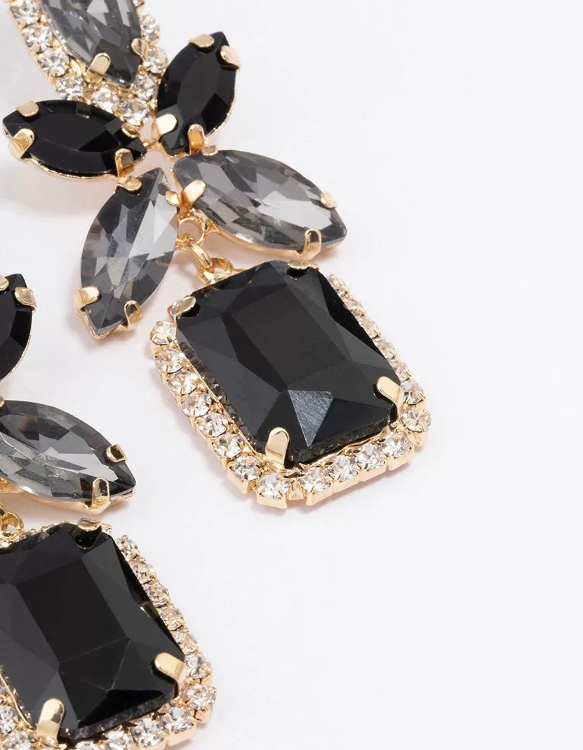 Gold Mixed Oval Stone Black Square Drop Earrings