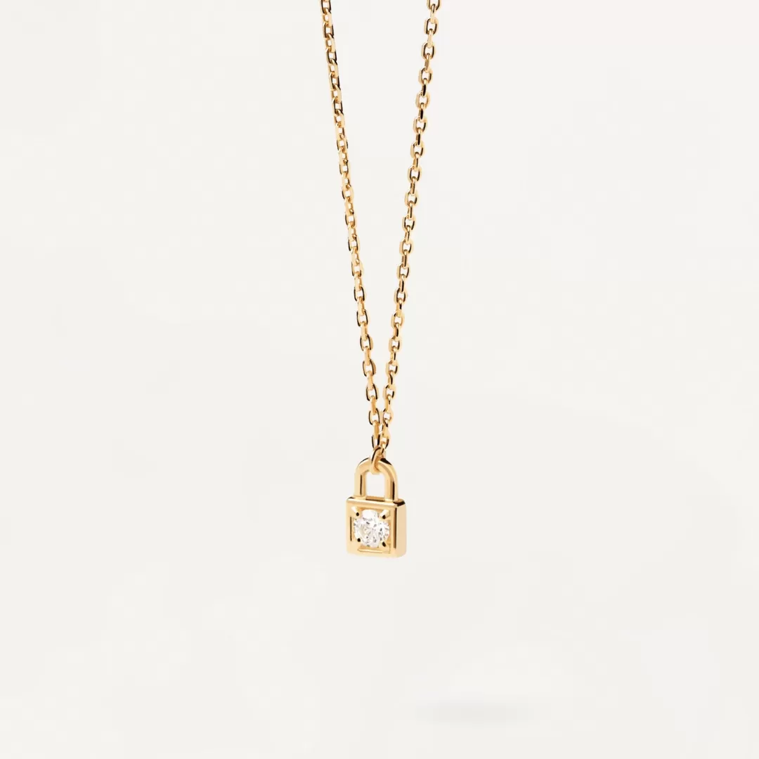 Gold-plated Zirconia Studded Padlock Pendant Necklace