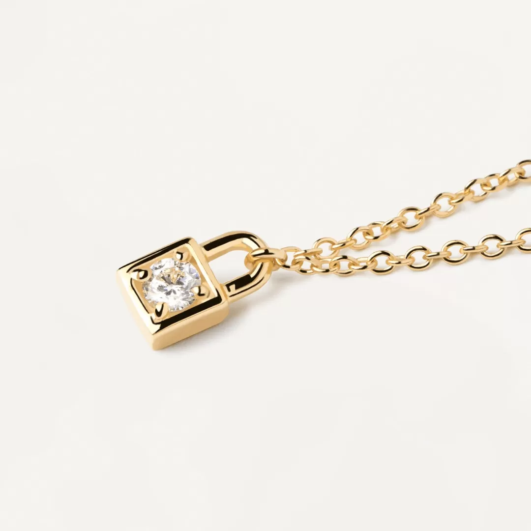 Gold-plated Zirconia Studded Padlock Pendant Necklace