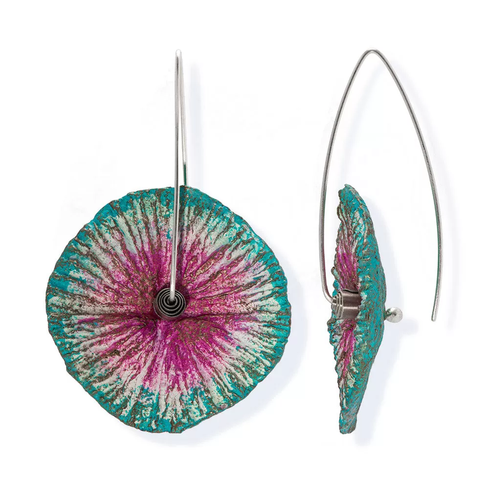 Handmade Flower Earrings Made From Papier-Mâché Turquoise Pink Patina