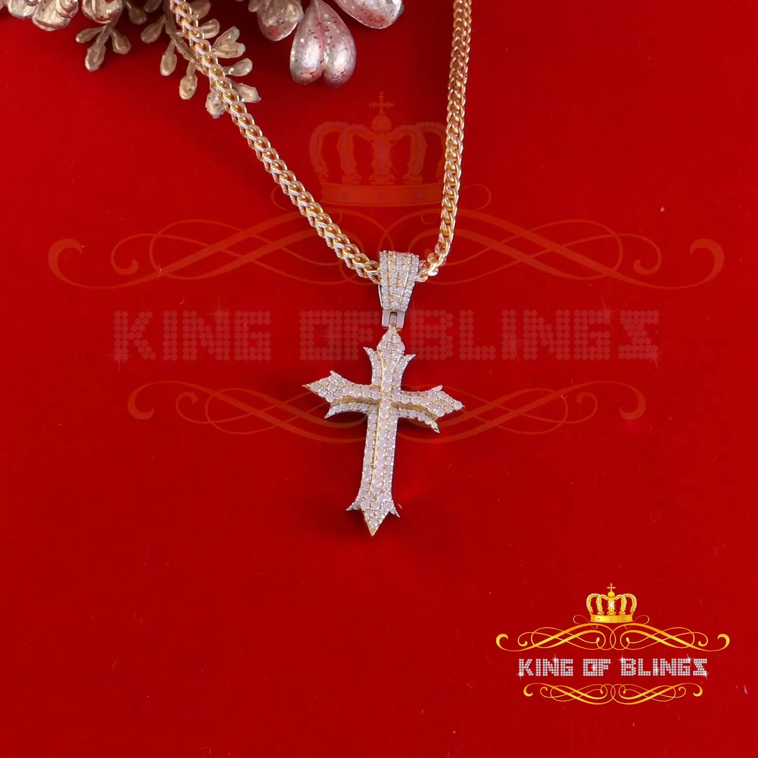 King Of Bling's Charm Cross Pendant Shiny 2.0ct VVS D Moissanite Yellow Silver Men's & Women's