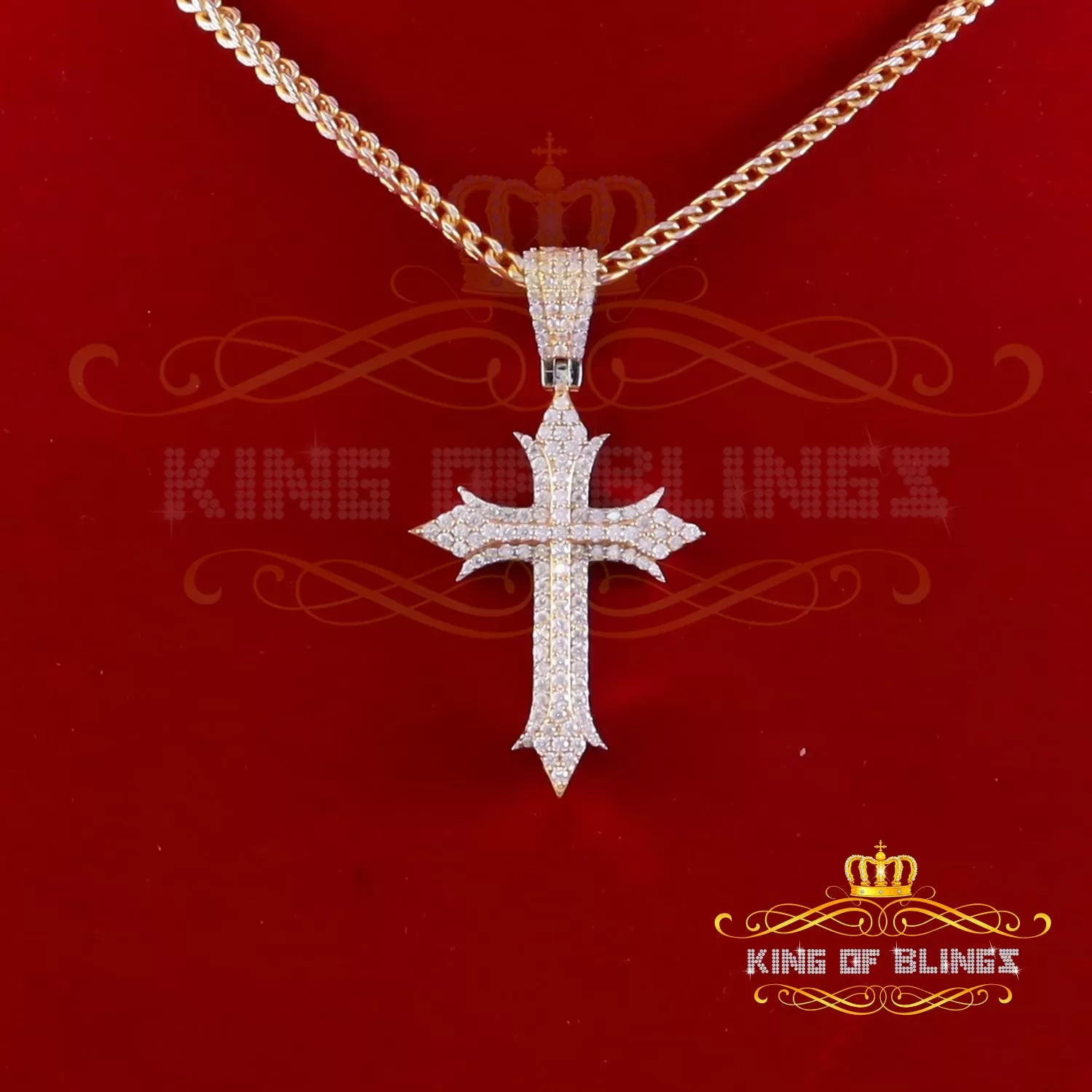 King Of Bling's Charm Cross Pendant Shiny 2.0ct VVS D Moissanite Yellow Silver Men's & Women's