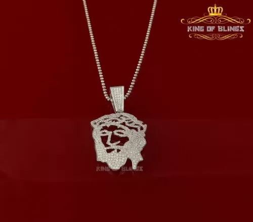 King Of Bling's Special 925 White Sterling Silver Jesus Face Pendant with 6.41ct Cubic Zirconia