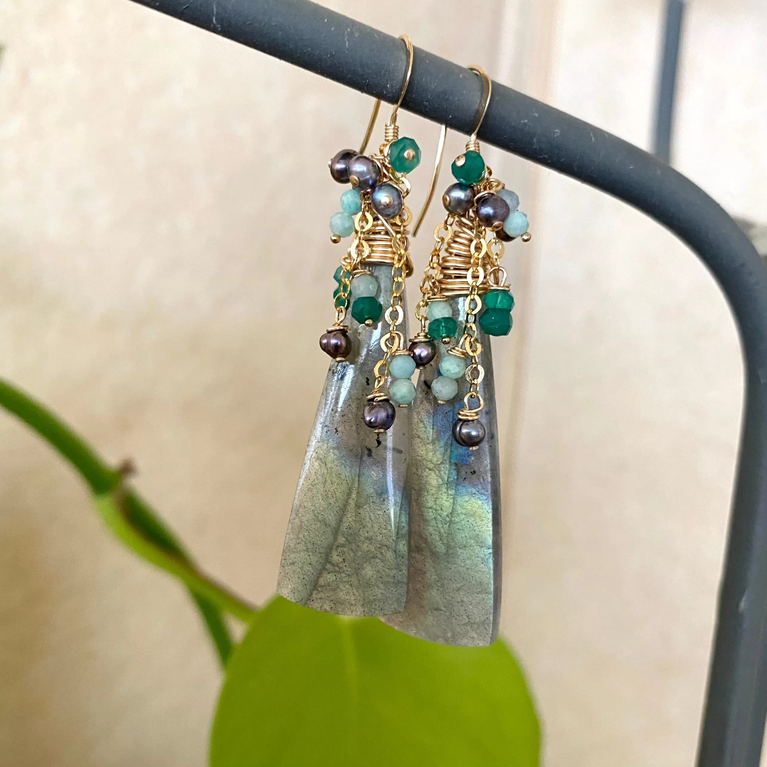 Labradorite with Amazonite, Green Onyx & Black Pearls Cluster Earrings, Gold Filled, 57MM