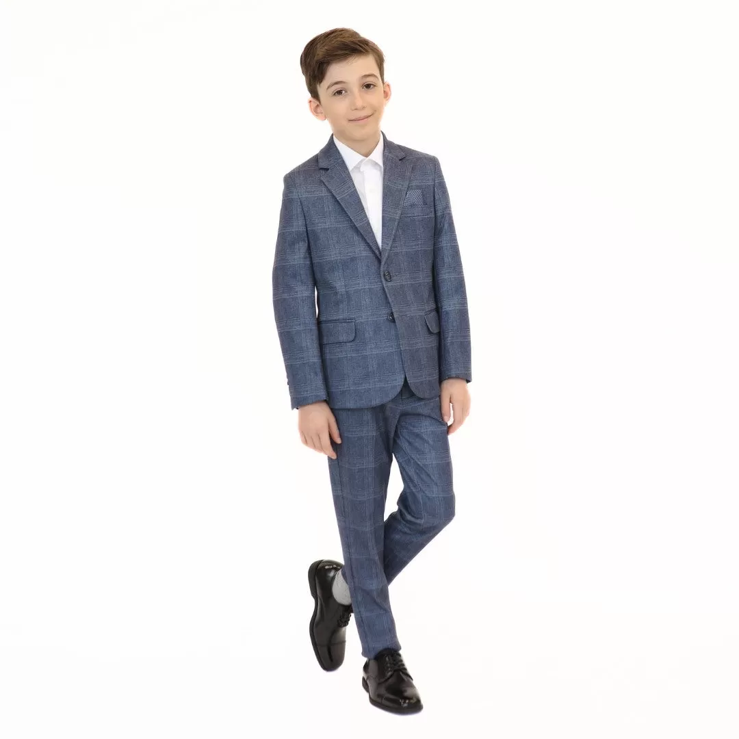 Leo & Zachary Boys Slim Denim Plaid Stretch Suit_Blue 5820