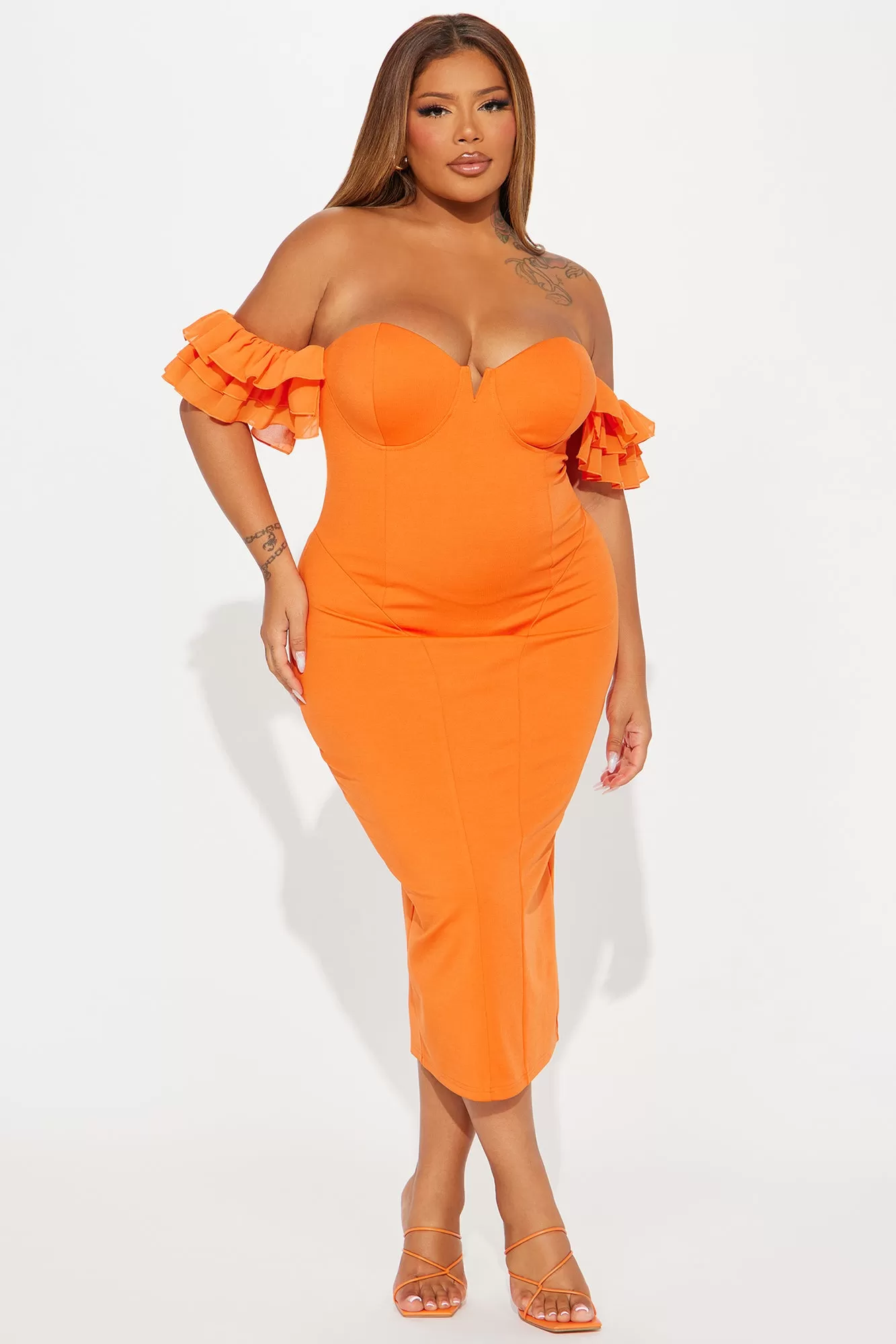 Maelis Off Shoulder Midi Dress - Orange