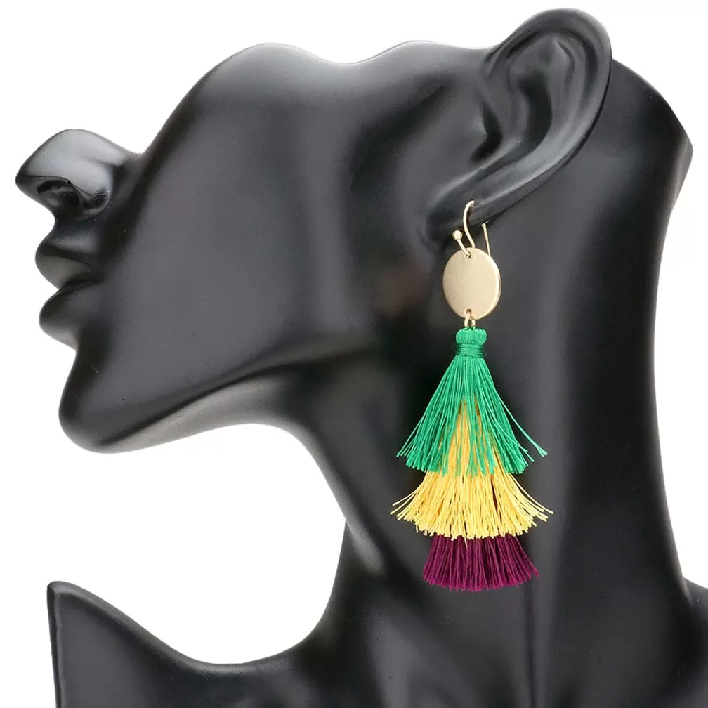 Mardi Gras Metal Disc Triple Layered Tassel Dangle Earrings