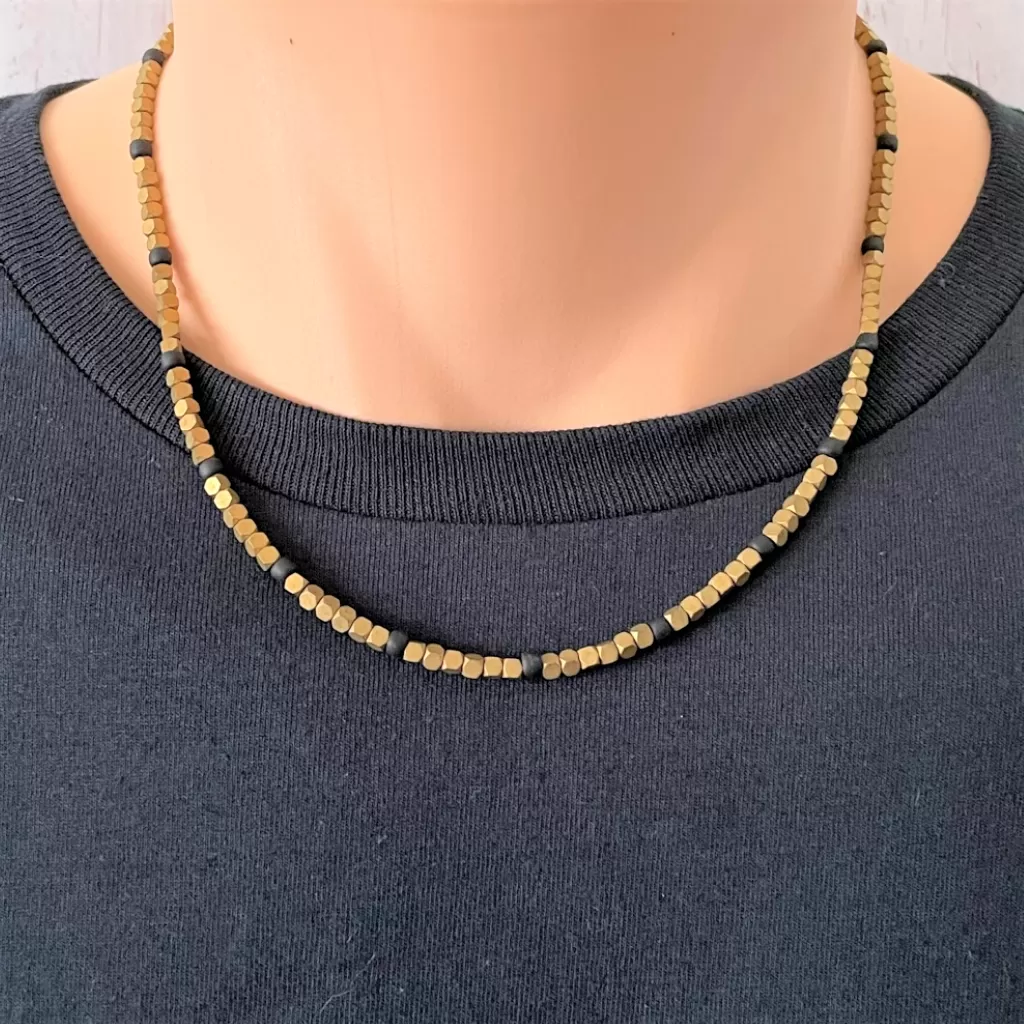 Mens Antique Gold Matte Hematite Hexcut Beaded Necklace