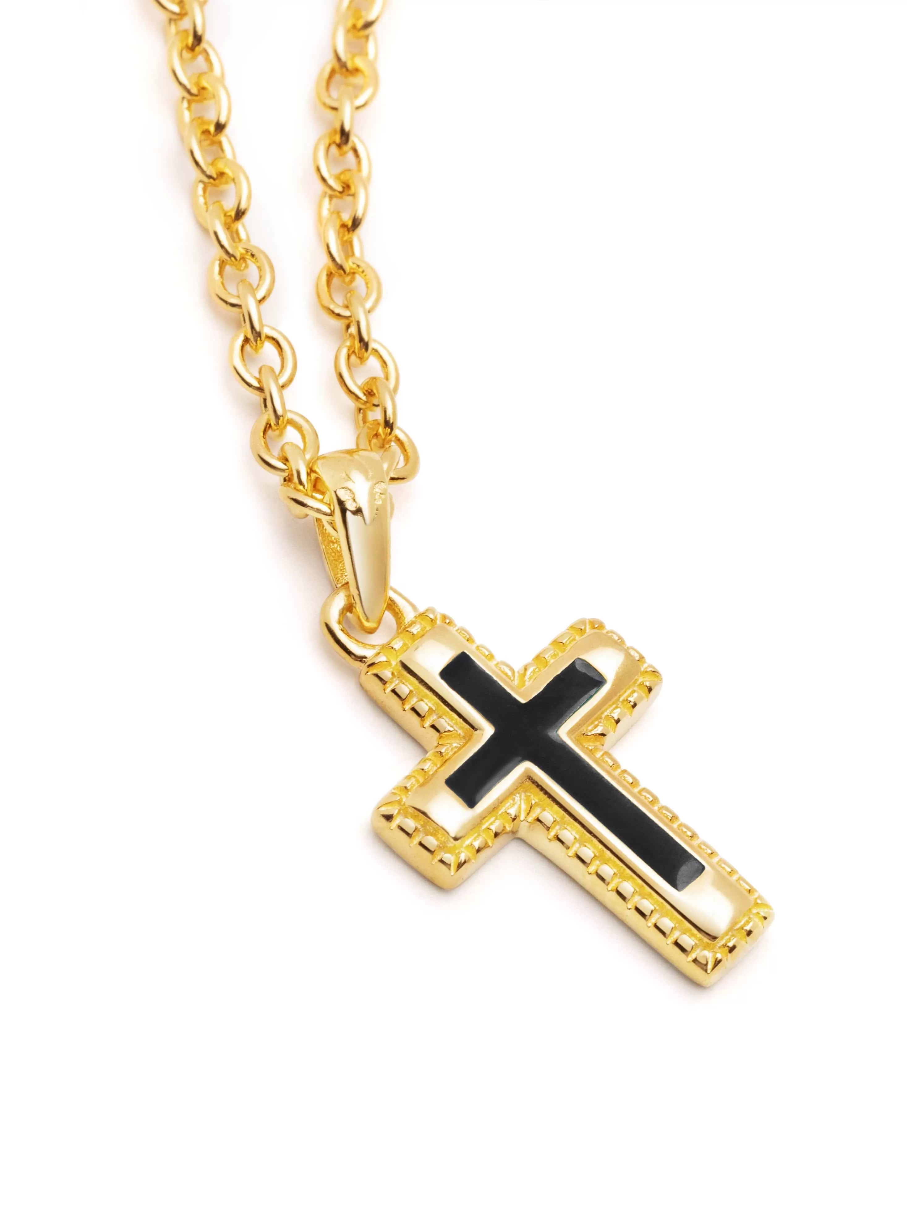 Men's Sterling Silver Gold Plated Mini Cross Necklace with Black Enamel