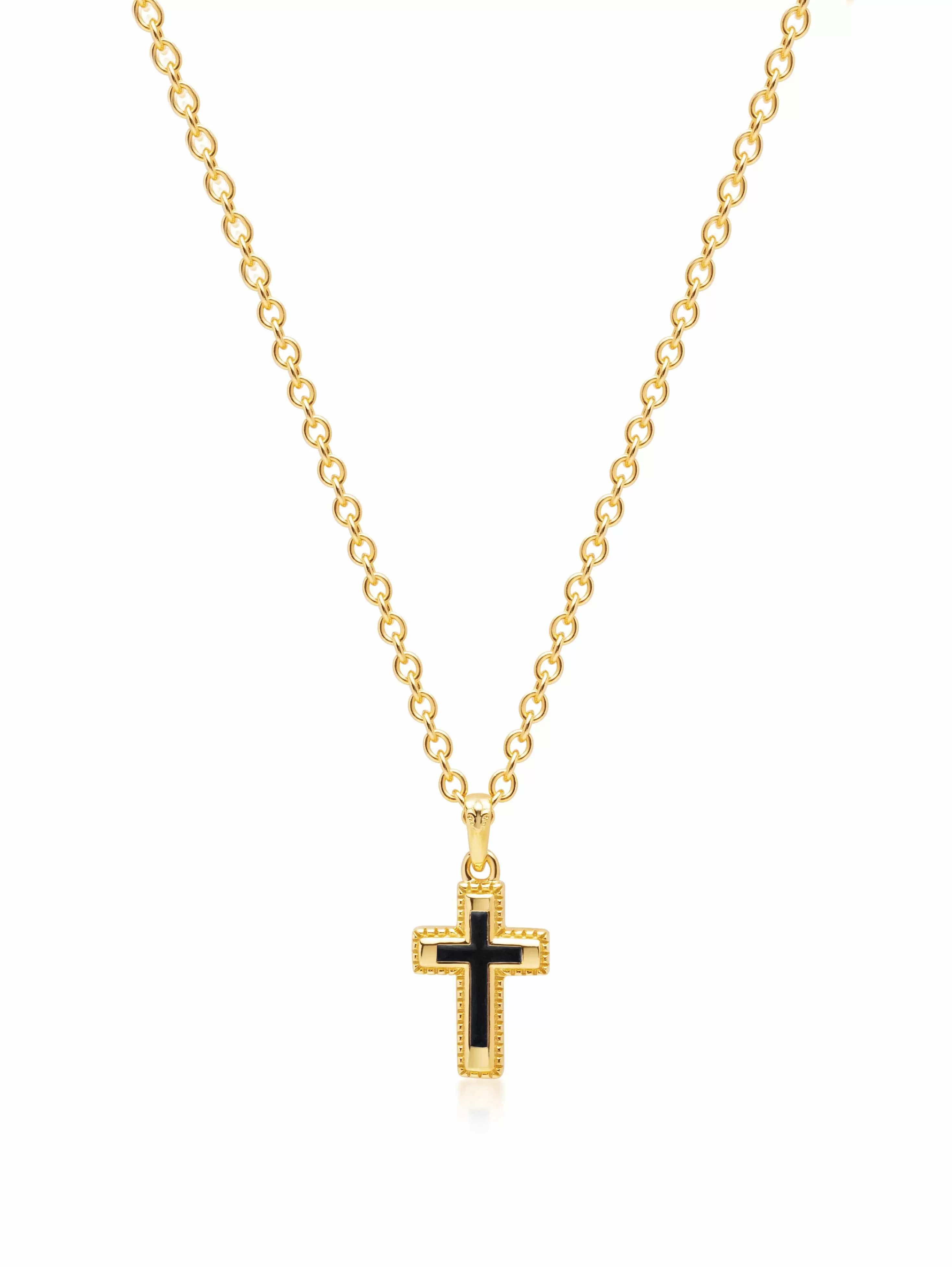 Men's Sterling Silver Gold Plated Mini Cross Necklace with Black Enamel