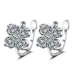 Moissanite Diamond Four Leaf Clover Ear Cuff Clip Silver Earrings