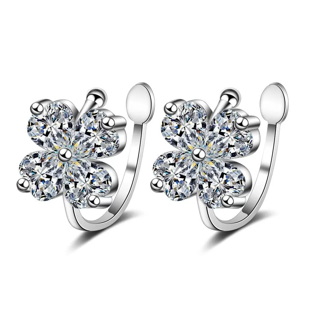 Moissanite Diamond Four Leaf Clover Ear Cuff Clip Silver Earrings