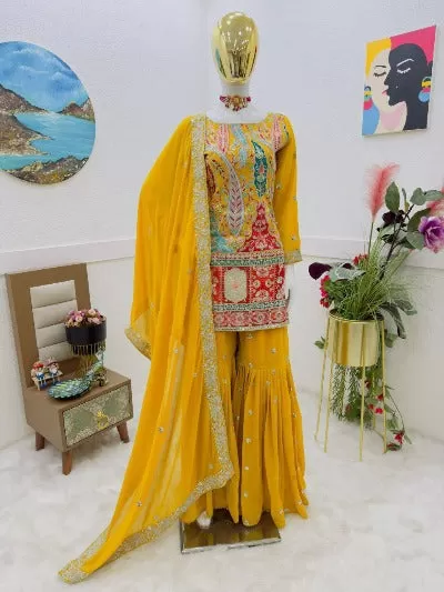 Mustard Yellow Designer Georgette Sharara Suit Set