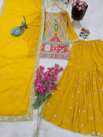 Mustard Yellow Designer Georgette Sharara Suit Set