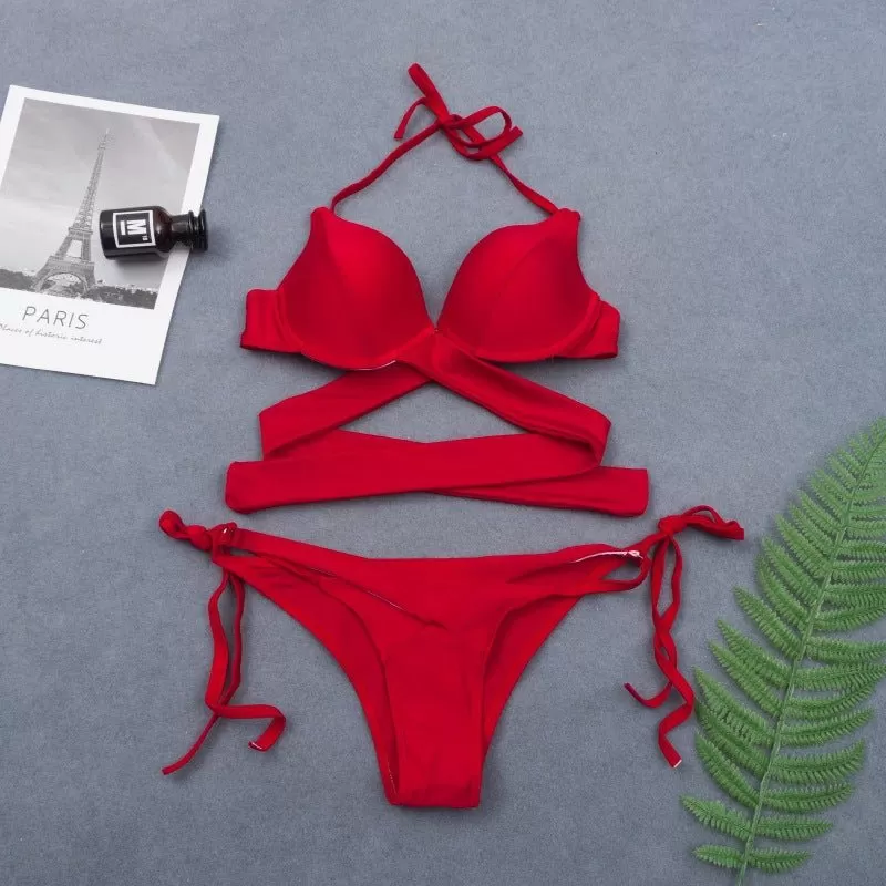 Neues sexy Wickel-String-Push-Up-Bikini-Set