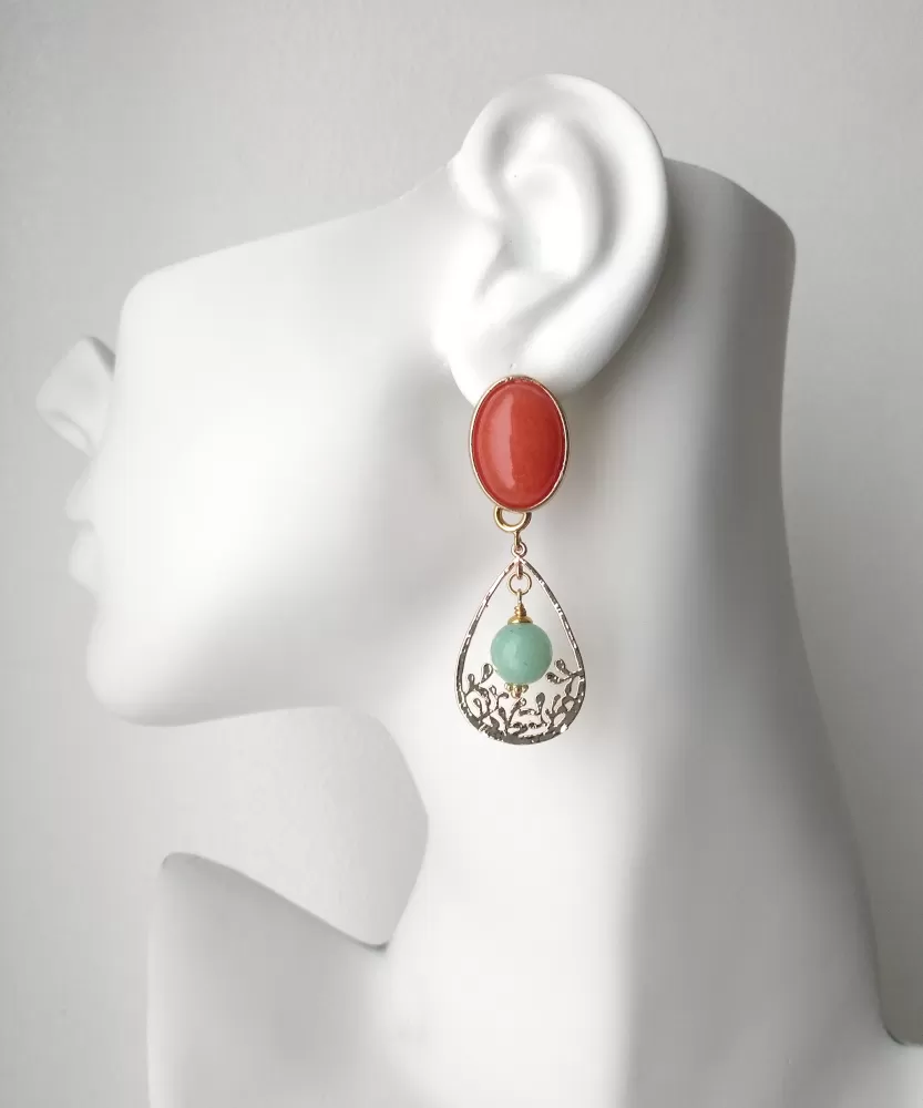 Orange Jade Brass Studs with Mint Green Jade Filigree Dangles